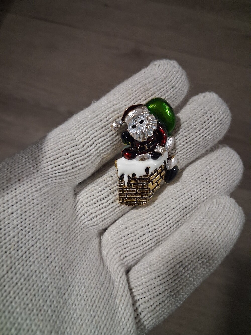 Festive Santa-in-Chimney Enamel Brooch in Green, Red, White and Gold